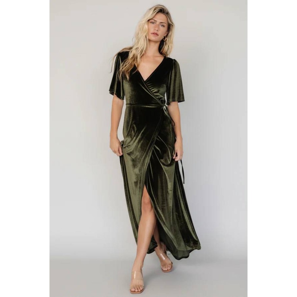 NEW Baltic Born Megan Velvet V-neck Maxi Wrap Dress Dark Olive Women's Size XXXL